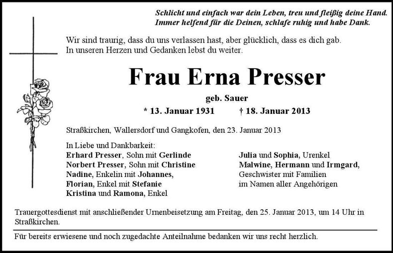 Traueranzeige Erna Presser