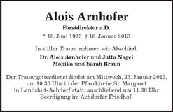 Traueranzeige Alois Arnhofer