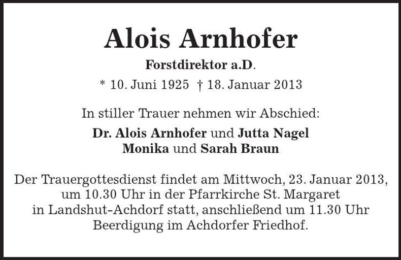 Traueranzeige Alois Arnhofer