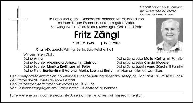 Traueranzeige Fritz Zängl