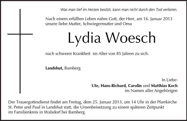 Traueranzeige Lydia Woesch