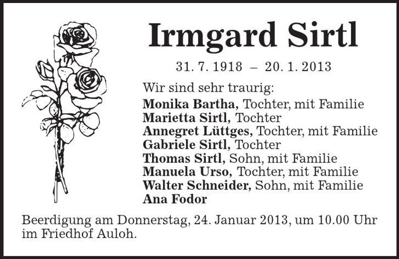 Traueranzeige Irmgard Sirtl