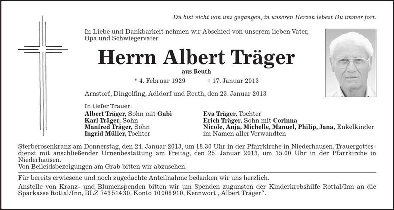 Traueranzeige Albert Träger