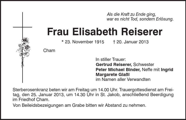Traueranzeige Elisabeth Reiserer