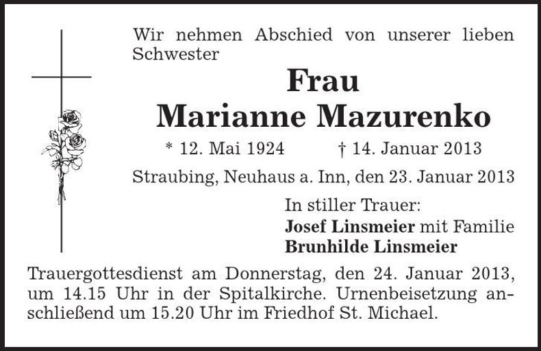Traueranzeige Marianne Mazurenko