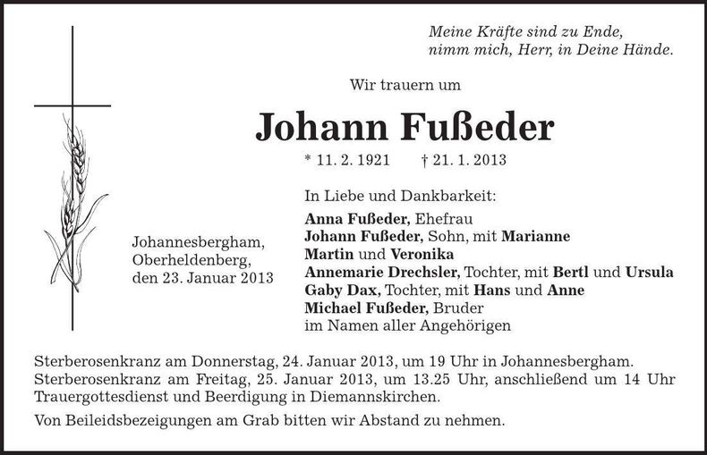Traueranzeige Johann Fußeder