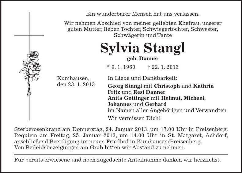 Traueranzeige Sylvia Stangl