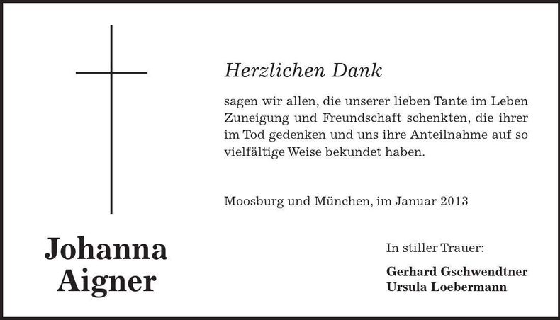 Traueranzeige Johanna Aigner