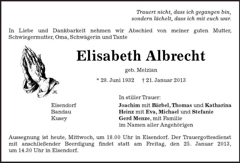 Traueranzeige Elisabeth Albrecht