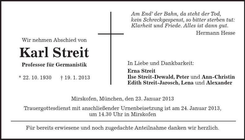 Traueranzeige Karl Streit