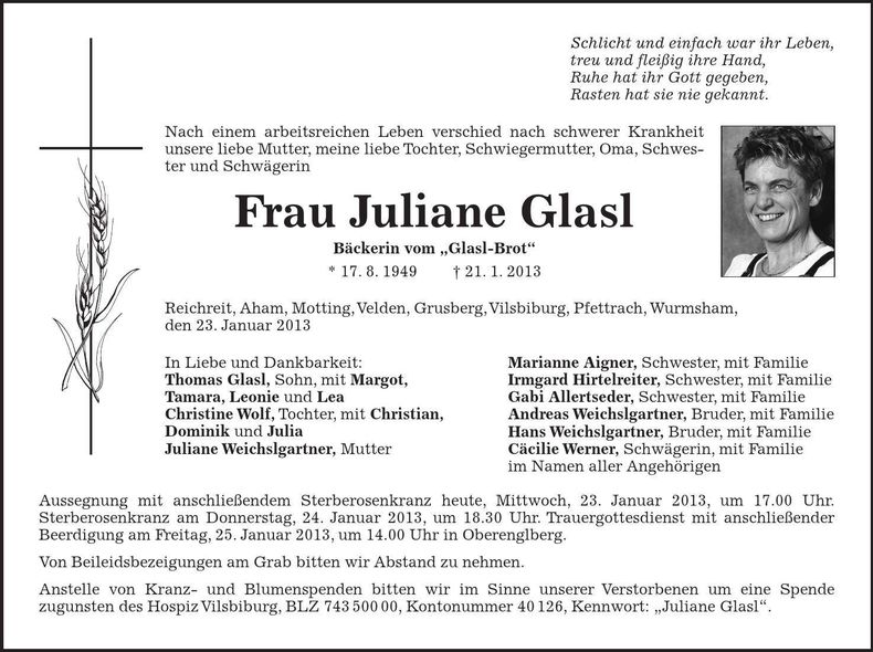 Traueranzeige Juliane Glasl