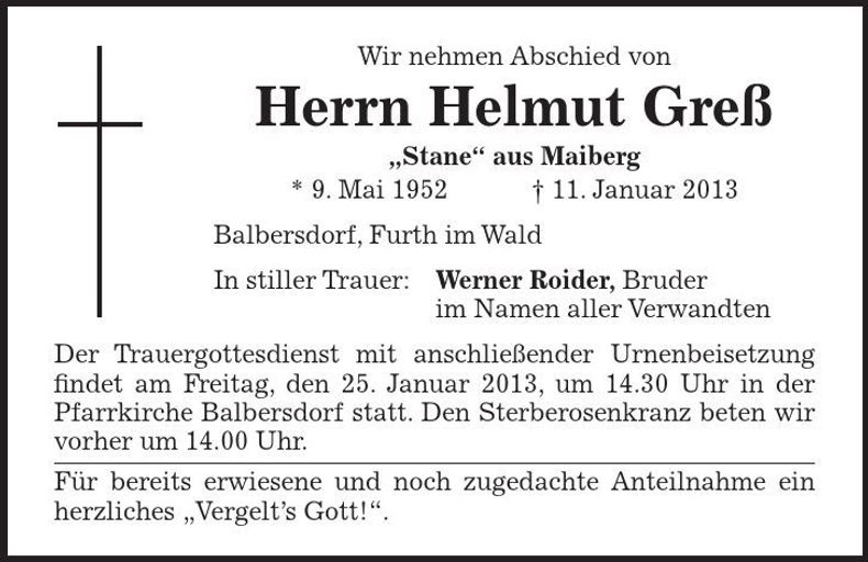 Traueranzeige Helmut Greß