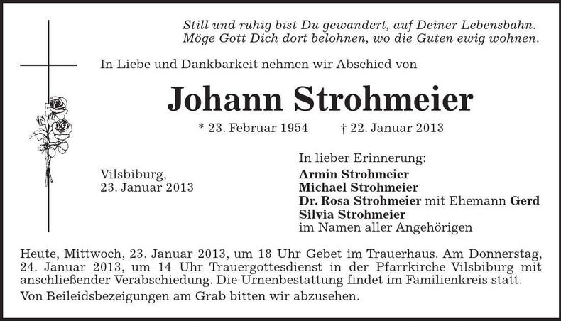 Traueranzeige Johann Strohmeier