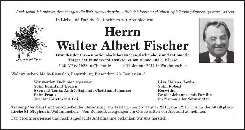 Traueranzeige Walter Albert Fischer