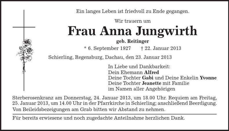 Traueranzeige Anna Jungwirth