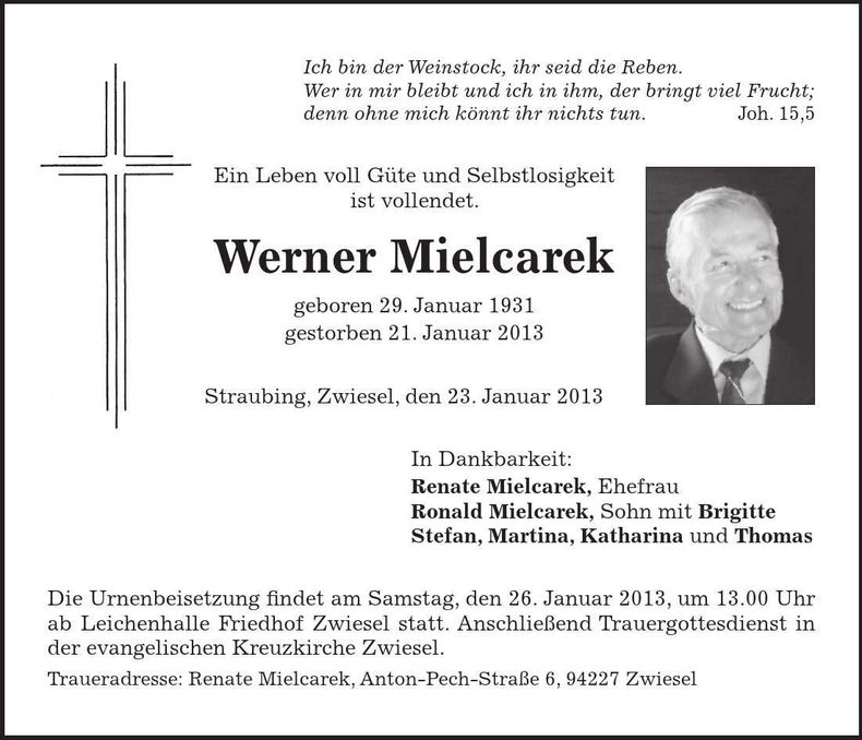 Traueranzeige Werner Mielcarek