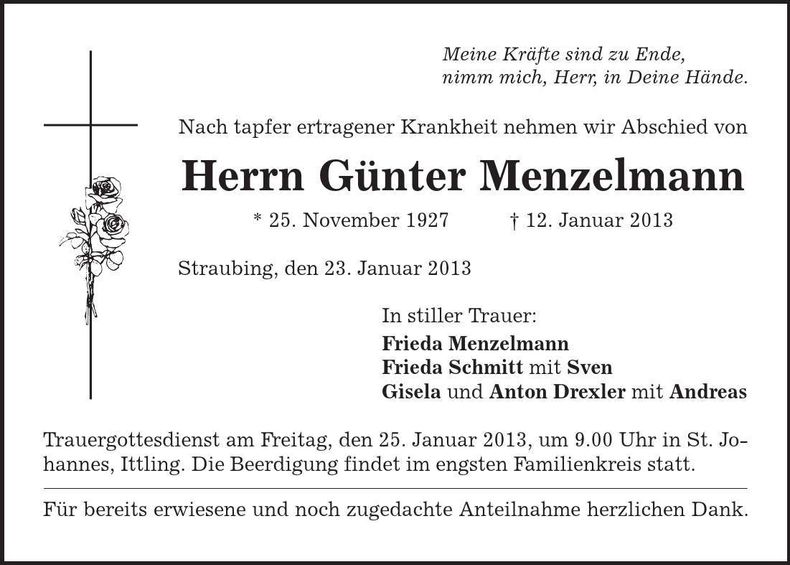 Traueranzeige Günter Menzelmann