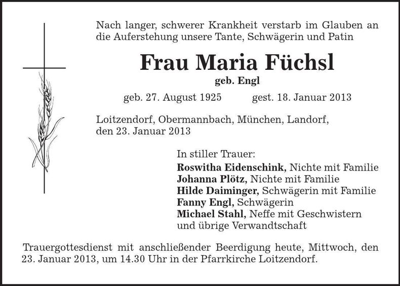 Traueranzeige Maria Füchsl