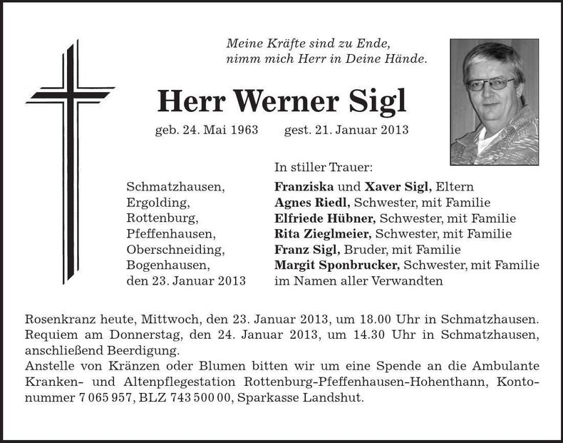 Traueranzeige Werner Sigl