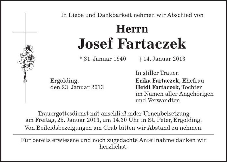 Traueranzeige Josef Fartaczek