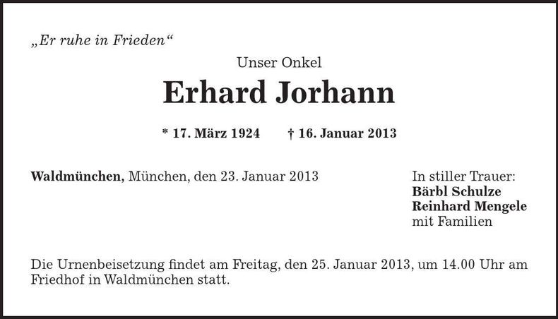 Traueranzeige Erhard Jorhann