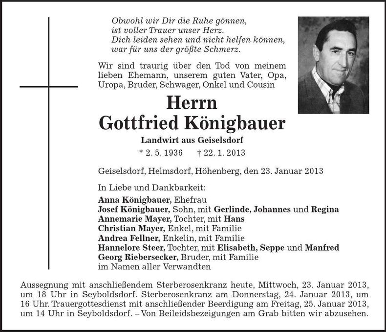 Traueranzeige Gottfried Königbauer