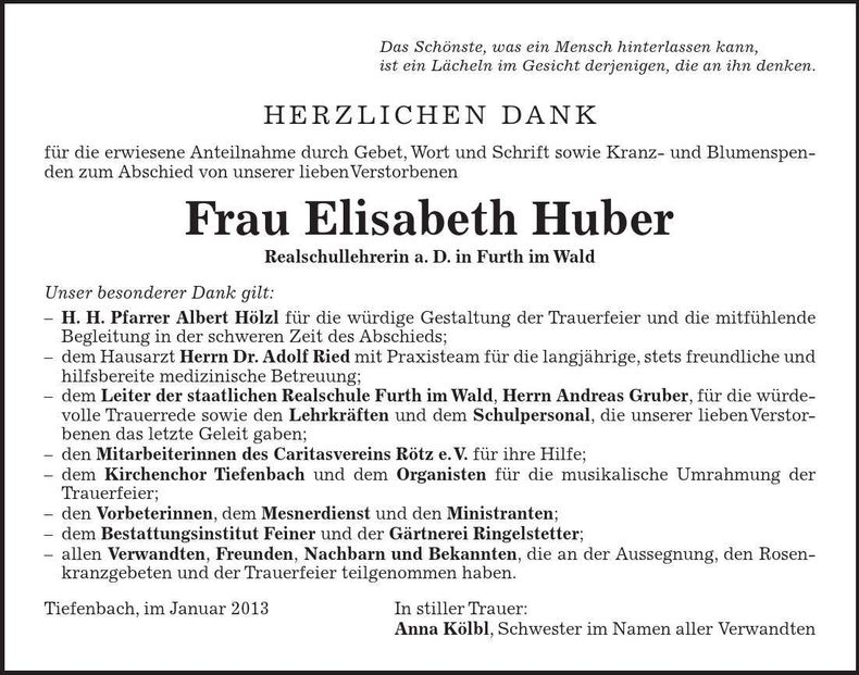 Traueranzeige Elisabeth Huber