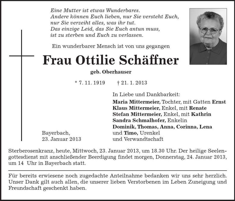 Traueranzeige Ottilie Schäffner