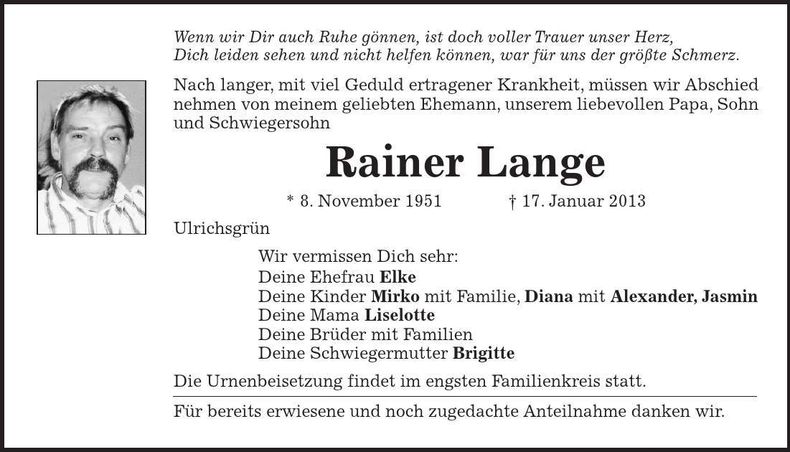 Traueranzeige Rainer Lange