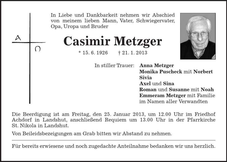 Traueranzeige Casimir Metzger