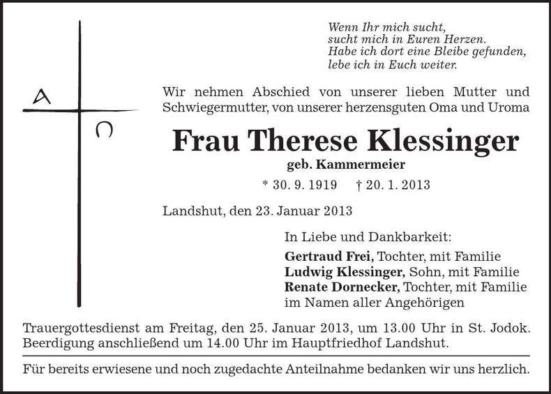 Traueranzeige Therese Klessinger