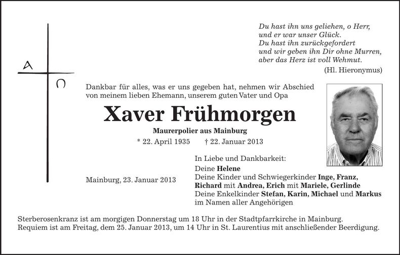 Traueranzeige Xaver Frühmorgen