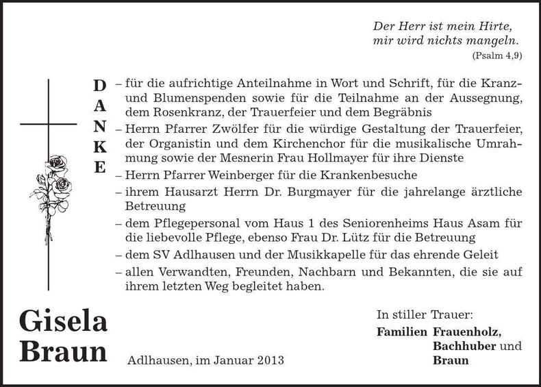 Traueranzeige Gislela Braun