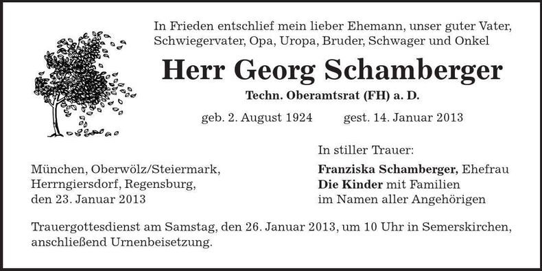 Traueranzeige Georg Schamberger