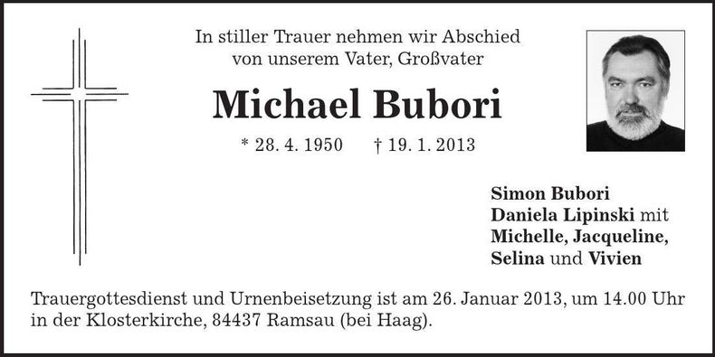 Traueranzeige Michael Bubori