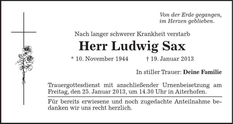 Traueranzeige Ludwig Sax
