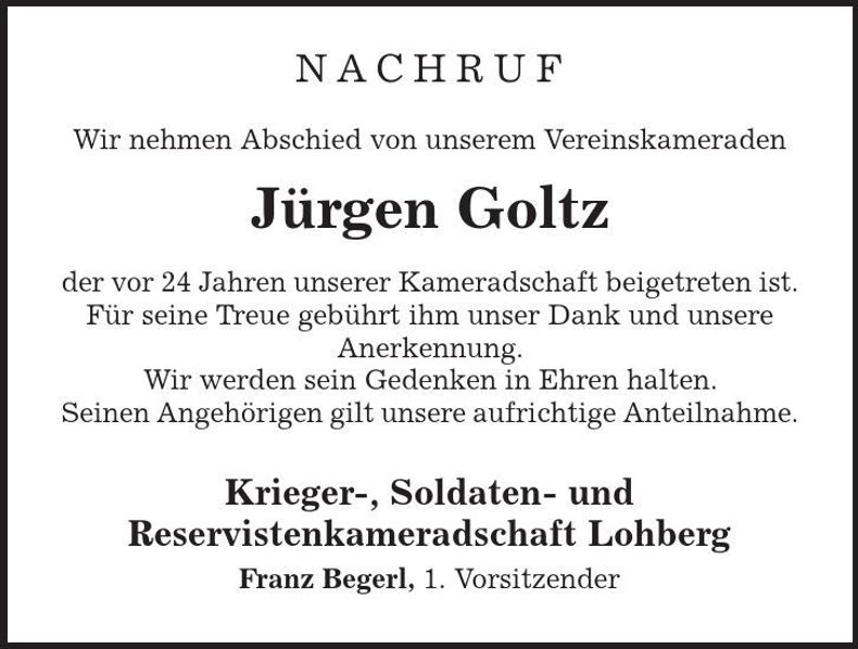 Traueranzeige Jürgen Goltz