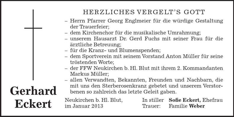 Traueranzeige Gerhard Eckert