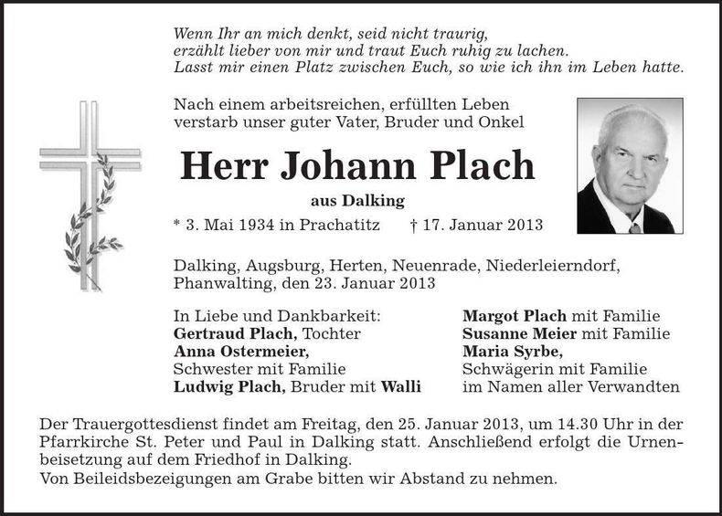 Traueranzeige Johann Plach