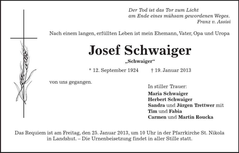 Traueranzeige Josef Schwaiger