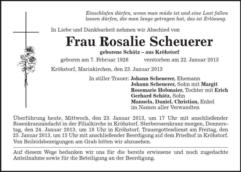 Traueranzeige Rosalie Scheurer