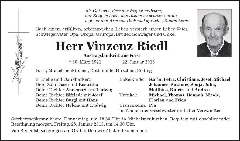 Traueranzeige Vinzenz Riedl