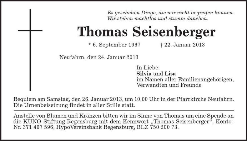 Traueranzeige Thomas Seisenberger