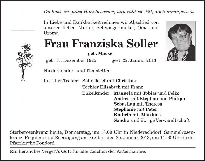 Traueranzeige Franziska Soller