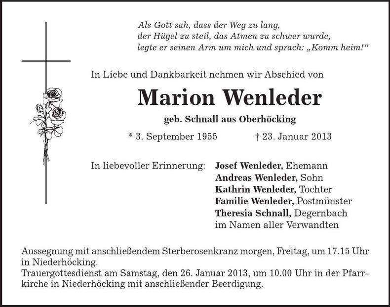 Traueranzeige Marion Wenleder