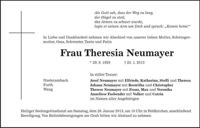 Traueranzeige Theresia Neumayer