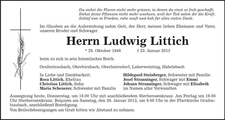 Traueranzeige Ludwig Littich
