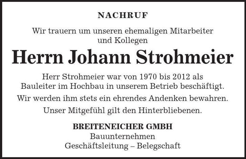Traueranzeige Johann Strohmeier