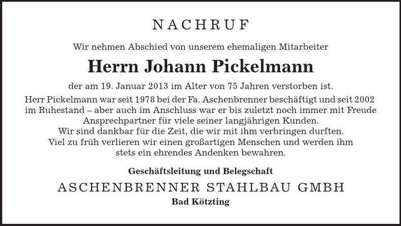 Traueranzeige Johann Pickelmann