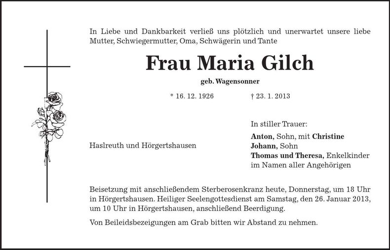 Traueranzeige Maria Gilch